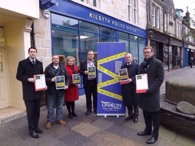 Shadow Justice Secretary Graeme Pearson MSP joins Mark, Gregg MCClymont and Unison staff in battling to retain Kilsyth's police office provision