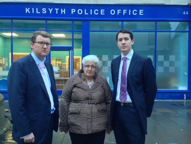 Mark, Gregg McClymont MP and Councillor Jean Jones Fight for service retention at Kilsyth Police Office