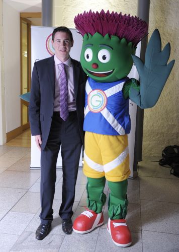 Mark meets Clyde, mascot for the Commonwealth Games in Glasgow