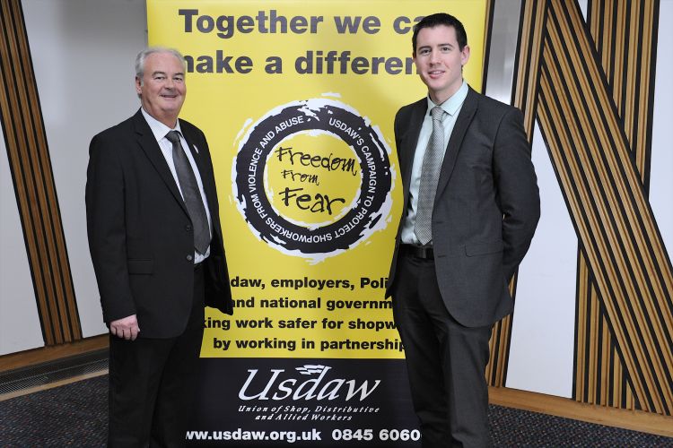 Mark joins Lawrence Wason from Usdaw in campaigning from Freedom From Fear for shopworkers